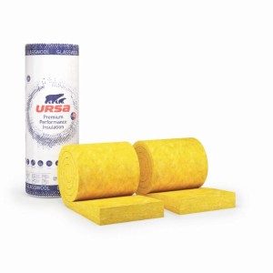 Ursa Glasswool válaszfal filc Duett 75mm, sárga szigetelő gyapjú tekercsek és csomagolás.