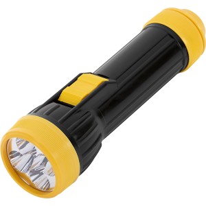 Fekete-sárga 5 LED-es műanyag zseblámpa beltéri és kültéri használatra.