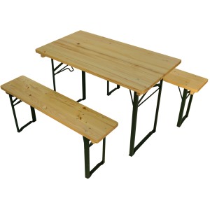 Sörsátor garnitúra erkélyre/teraszra 60 cm széles asztallal, fa lapokkal és zöld acélvázzal.