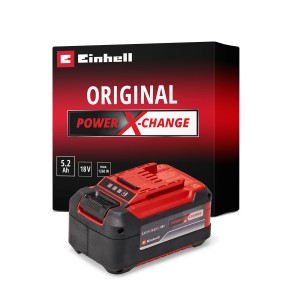 Einhell Power X-Change akkumulátor 18 V 5,2 Ah Plus, piros-fekete, töltöttségjelzővel.