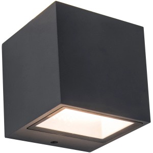 Modern, szürke Lutec Gemini mini LED kültéri fali lámpa homlokzathoz és bejárati területhez.