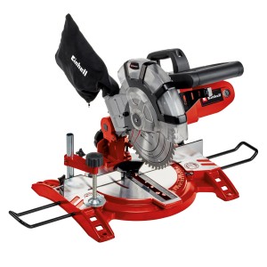 Einhell TC-MS 2112 gérvágó fűrész piros színben, porzsákkal és szögskálával.