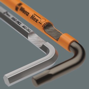 Közelkép a Wera 950/9 Hex-Plus imbuszkulcsról, 9 részes készlet, belső hatlapfejű csavarokhoz.