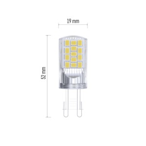 G9 LED izzó méretekkel (19 mm x 52 mm).