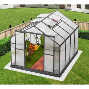 Floraworld Grow Big üvegház 4 tetőablakkal és alapkerettel a kertben.