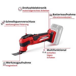 Einhell Power X-Change Varrito Solo akkus multifunkciós szerszám, piros/fekete, tartozékokkal fűrészeléshez, csiszoláshoz és kaparáshoz.