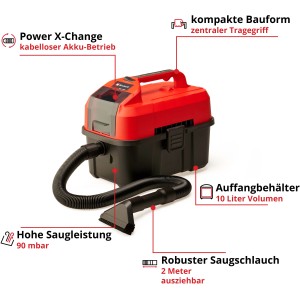 Einhell Power-X-Change TE-VC 18/10 Li-Solo akkus nedves-száraz porszívó: piros-fekete, tömlővel és fúvókával.