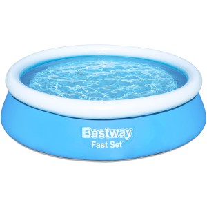 Kék Bestway Fast Set föld feletti medence, kerek, Ø 183 x 51 cm, vízzel töltve.