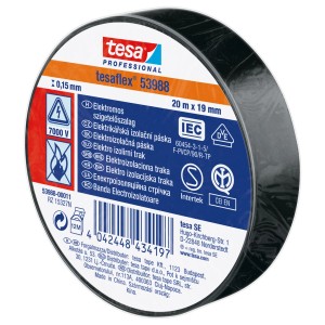 Fekete tesa tesaflex 53988 szigetelőszalag, 20m x 19mm, elektromos szigeteléshez.