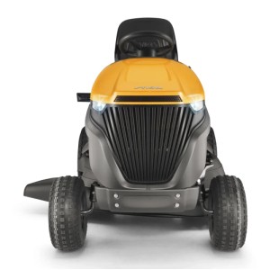 Sárga t.b.t. fűnyíró traktor fekete részletekkel.