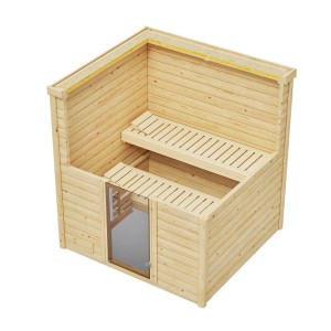 Weka Bergen 2 tömörfa szauna üvegajtóval, lucfenyőből, 5,4 kW-os kályhával és padokkal.