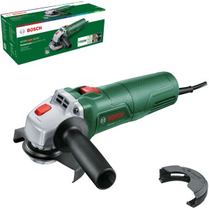 Bosch UniversalGrind 750-125 sarokcsiszoló tartozékokkal és csomagolással.