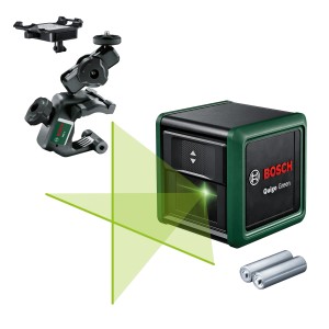 Bosch Quigo Green vonalas lézer tartozékokkal és zöld lézersugarakkal.