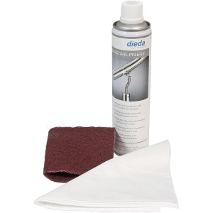 Rozsdamentes acél ápoló és tisztító készlet spray-vel, csiszolópárnával és kendőkkel lépcsőkhöz és korlátokhoz.