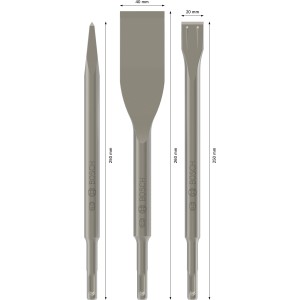 Bosch vésőkészlet SDS plus Long Life, 3 részes: lapos, hegyes és csempevéső a sokoldalú vésési munkákhoz.