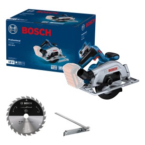 Bosch GKS 18V-LI akkus kézi körfűrész fűrészlappal és tartozékokkal.