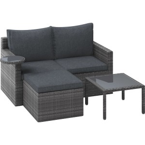 3 részes világosszürke polyrattan lounge szett kanapéval, ülőkével és asztallal kertbe vagy erkélyre.