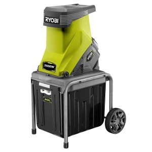 Ryobi elektromos aprítógép 2500W teljesítménnyel és 40L-es gyűjtődobozzal.