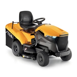 Sárga Stiga fűnyíró traktor, Estate 7102 W modell. Kategória: Fűnyíró traktorok.