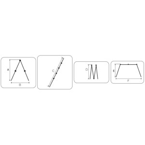 Létrák vázlatai méretekkel (A, B, C, D, E, F) a termék részleteihez.