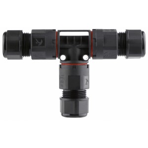 Vízálló T-csatlakozó IP68 3 x 1,0-2,5 mm²-es kábelekhez, fekete színben.