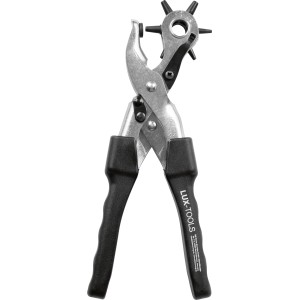 LUX-TOOLS PRO revolver lyukasztó fogó 250 mm, ezüst színű, fekete ergonomikus markolattal, több lyukmérettel.