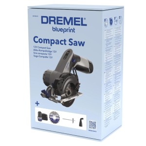 Dremel akkus kézi körfűrész CS12V-S1 dobozban, tartozékokkal, mint akkumulátor, fűrészlap és porelszívó adapter.
