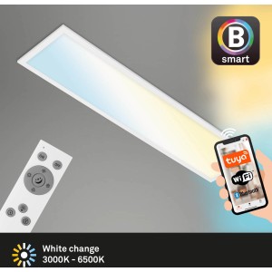Szabályozható, fehér Brilo LED mennyezeti lámpa Piatto S B-Smart távirányítóval és alkalmazásvezérléssel.