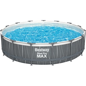 Bestway Steel Pro MAX acélvázas medence szett, Ø 457 cm, tiszta kék vízzel feltöltve.