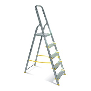 Ezüst színű háztartási létra négy fokkal és sárga részletekkel.
