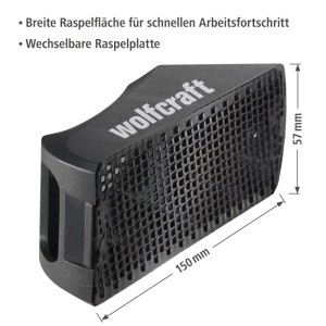 Fekete wolfcraft blokkgyalu műanyagból, 150x57 mm-es reszelőfelülettel. Ergonomikus kialakítás gipszkartonhoz és fához.