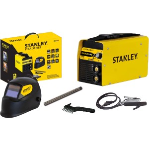 Stanley Inverter hegesztőgép 200A sisakkal és tartozékokkal. Sárga hegesztő, fekete sisak.