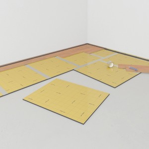 A Selitflex® Thermo-Trittschalldämmung 10 mm Aquastoppal ellátott termék lerakása laminált padló alá.