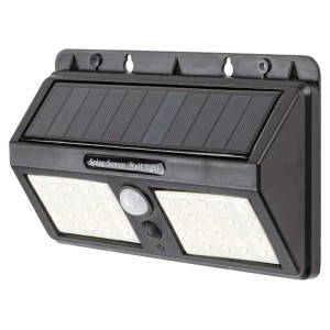 Fekete LED-es napelemes fali lámpa kültéri használatra.
