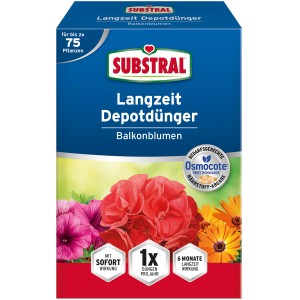 Substral tartós hatású műtrágya balkonvirágokhoz, 750g-os csomag virágillusztrációval.