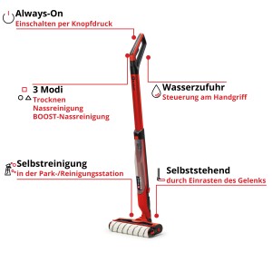 Einhell Cleanexxo akkus keménypadló-tisztító piros színben, a funkciók kiemelésével.