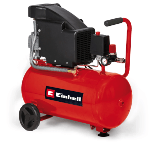 Einhell TC-AC 190/24/8 kompresszor, 1500 W, piros, kerekekkel és nyomáscsökkentővel.
