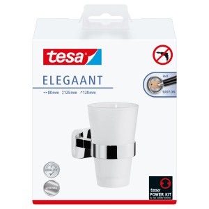 Tesa Elegaant króm fogkefetartó, falra szerelhető fúrás nélkül, tejüvegből készült pohár.