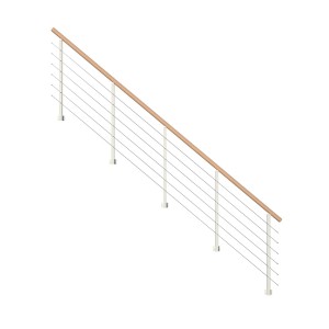 StarWood Kos fém korlát, 250 cm, bükkfa kapaszkodóval, fehér oszlopokkal és rozsdamentes acél pálcákkal.