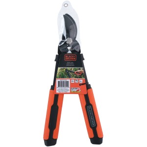 Black+Decker ágvágó narancssárga fogantyúkkal, csomagolva.