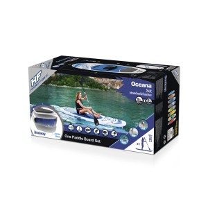 A Hydro-Force SUP szett Oceana csomagolása tartozékokkal, mint például evező, ülés és pumpa.