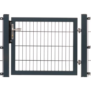 Antracit színű kertkapu dupla rácsos betéttel, 100x100 cm-es kerettel, fogantyúval és zárral.