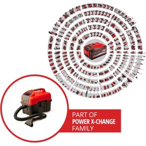 Einhell Power-X-Change akkus nedves-száraz porszívó TE-VC 18/10 Li-Solo tartozékokkal és Power X-Change akkumulátor a háttérben.