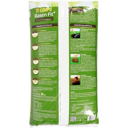 Compo Rasen Fit+ 20L zsák: Gyepföld talajelőkészítéshez és gyepjavításhoz.