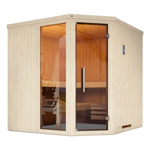 Weka Elementsauna Varberg 3 GTF Trend BioS sütővel, lucfenyő, sarokbejárat, üvegajtó és ablak.