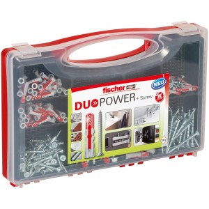 Fischer Redbox DuoPower dübelkészlet, 280 darabos, tiplikkel és csavarokkal, átlátszó dobozban.