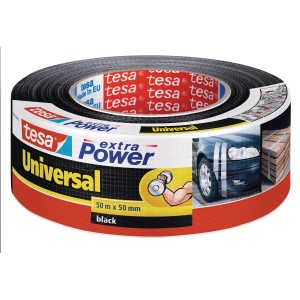 Fekete Tesa Extra Power Universal ragasztószalag, 50 m x 50 mm, sokoldalú felhasználás.