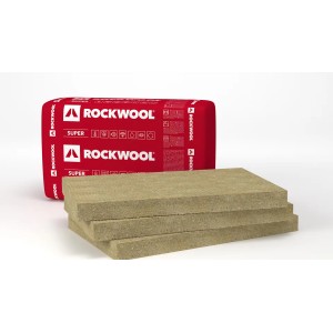 Rockwool ásványgyapot szigetelőlapok piros csomagolással a háttérben.