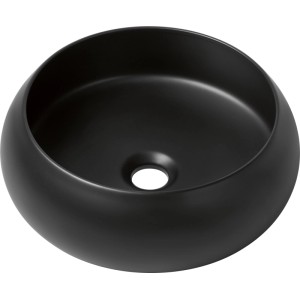 Kerek baliv ráépíthető mosdó WBA-360.21 matt fekete porcelánból, Ø 36,5 cm, lefolyóval. Modern fürdőszoba.