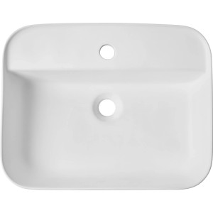 Fehér, téglalap alakú baliv ráépíthető mosdó matt porcelánból, központi lefolyóval. Modern fürdőszoba design.